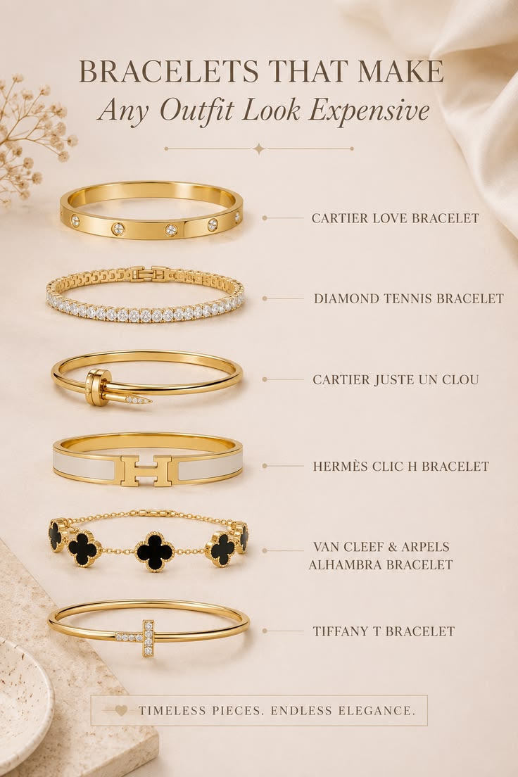 Stylish handmade bracelets including beaded, pearl, charm, and cuff bracelets displayed on a neutral background