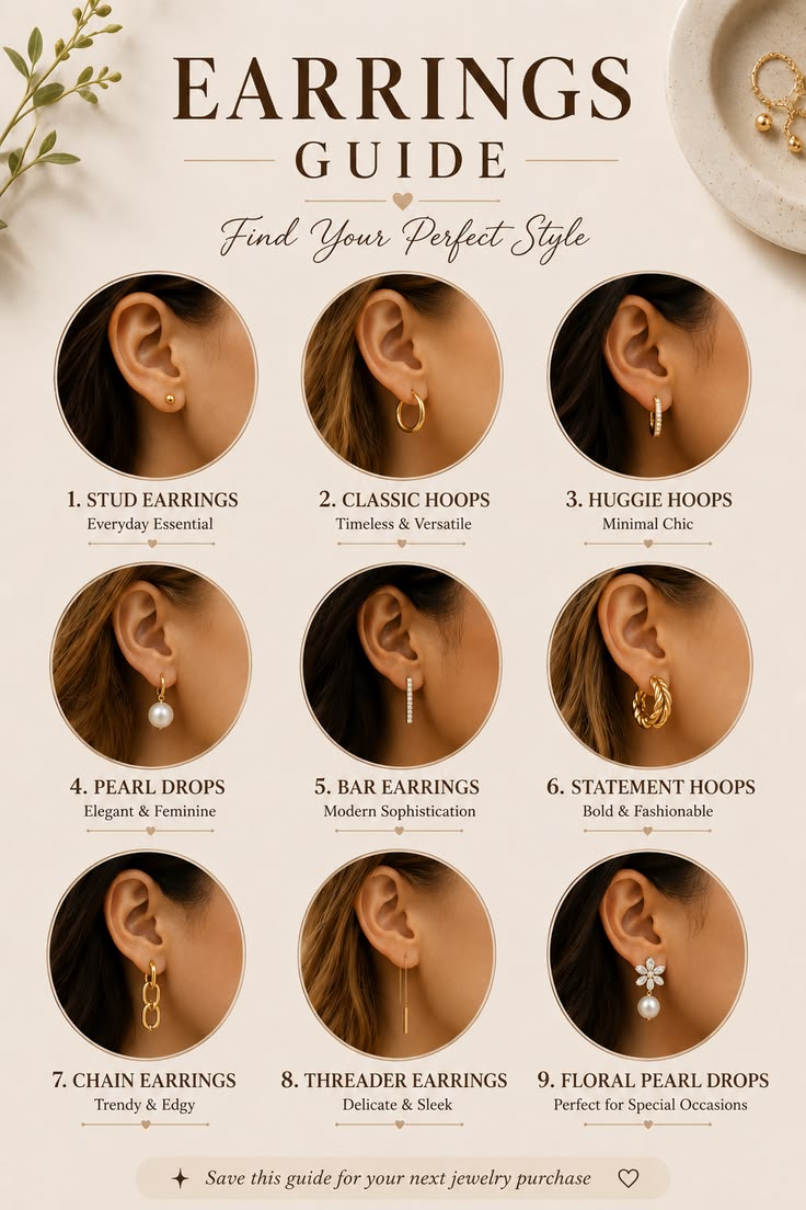 Beautiful handmade earrings featuring stud, hoop, drop, and dangle styles arranged on a neutral background